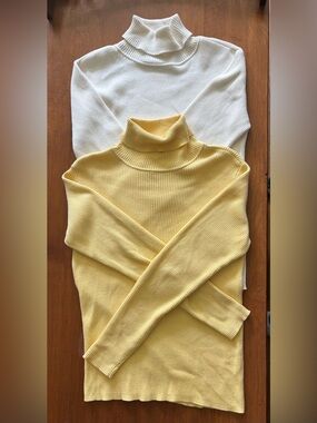 Bundle of 3 Classic Ribbed Turtleneck Sweaters- Yellow, Cream, Pink - Medium
